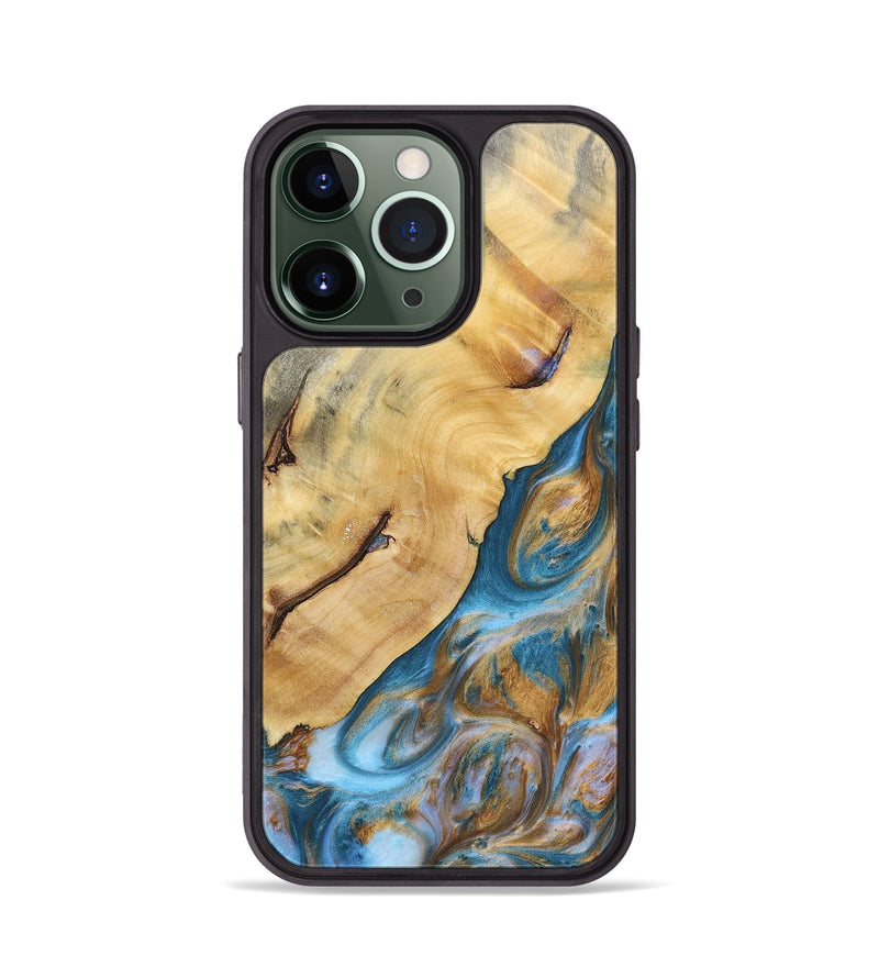 iPhone 13 Pro Wood+Resin Phone Case - Lorrie (Teal & Gold, 696754)