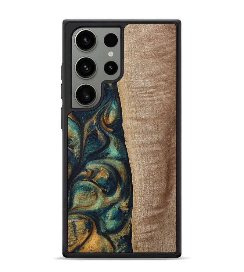 Galaxy S24 Ultra Wood+Resin Phone Case - Jasper (Teal & Gold, 698305)