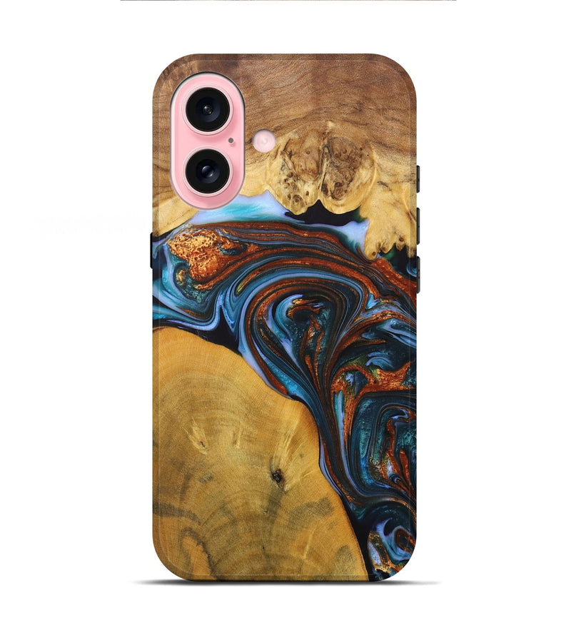 iPhone 16 Wood+Resin Live Edge Phone Case - Jami (Teal & Gold, 702921)