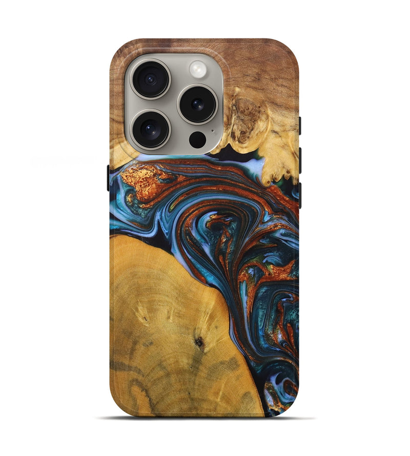 iPhone 16 Pro Wood+Resin Live Edge Phone Case - Jami (Teal & Gold, 702921)