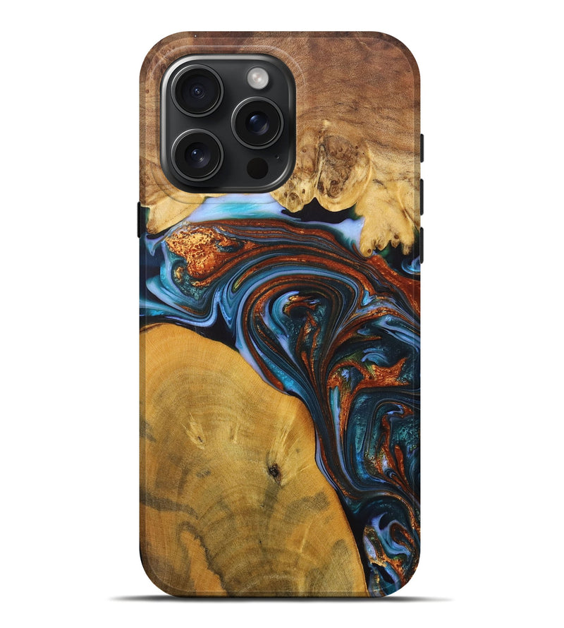 iPhone 16 Pro Max Wood+Resin Live Edge Phone Case - Jami (Teal & Gold, 702921)