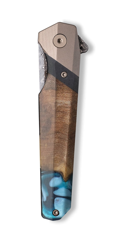 Live Edge Wood+Resin Pocket Knife - Theresa (Teal & Gold, 703049)