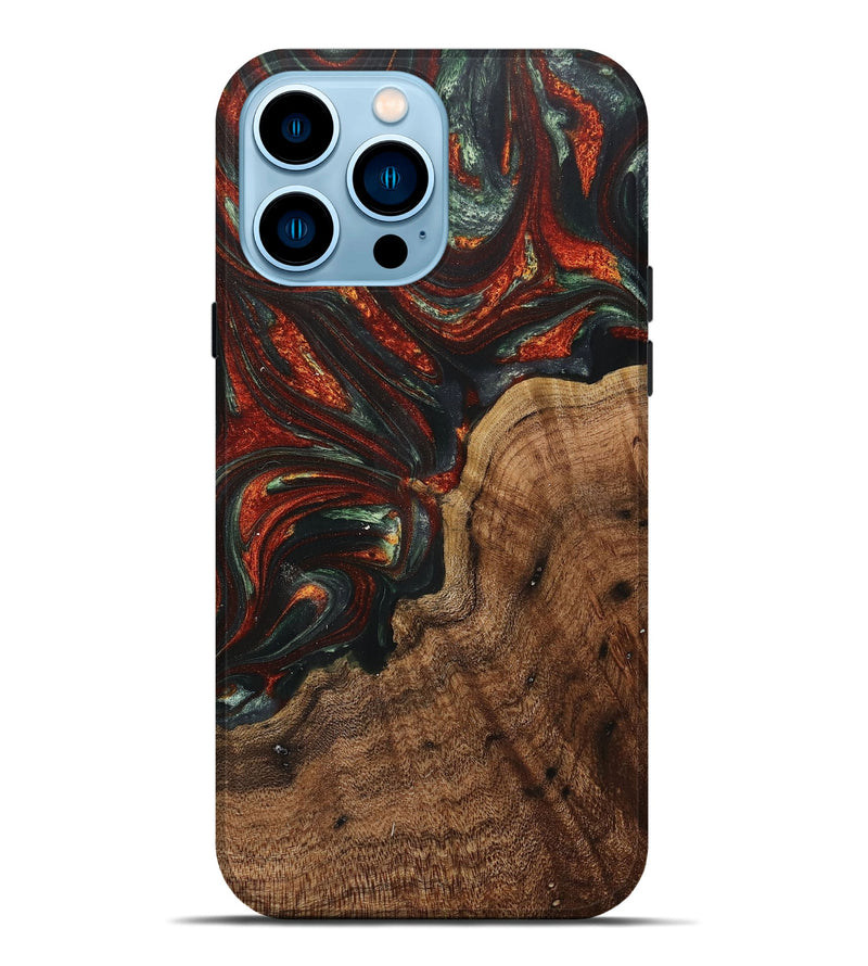 iPhone 14 Pro Max Wood+Resin Live Edge Phone Case - Oscar (Teal & Gold, 705418)