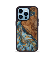 iPhone 14 Pro Wood+Resin Phone Case - Gemma (Teal & Gold, 705545)