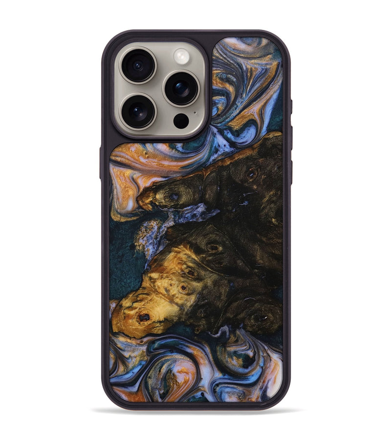 iPhone 15 Pro Max Wood+Resin Phone Case - Jalen (Teal & Gold, 706385)