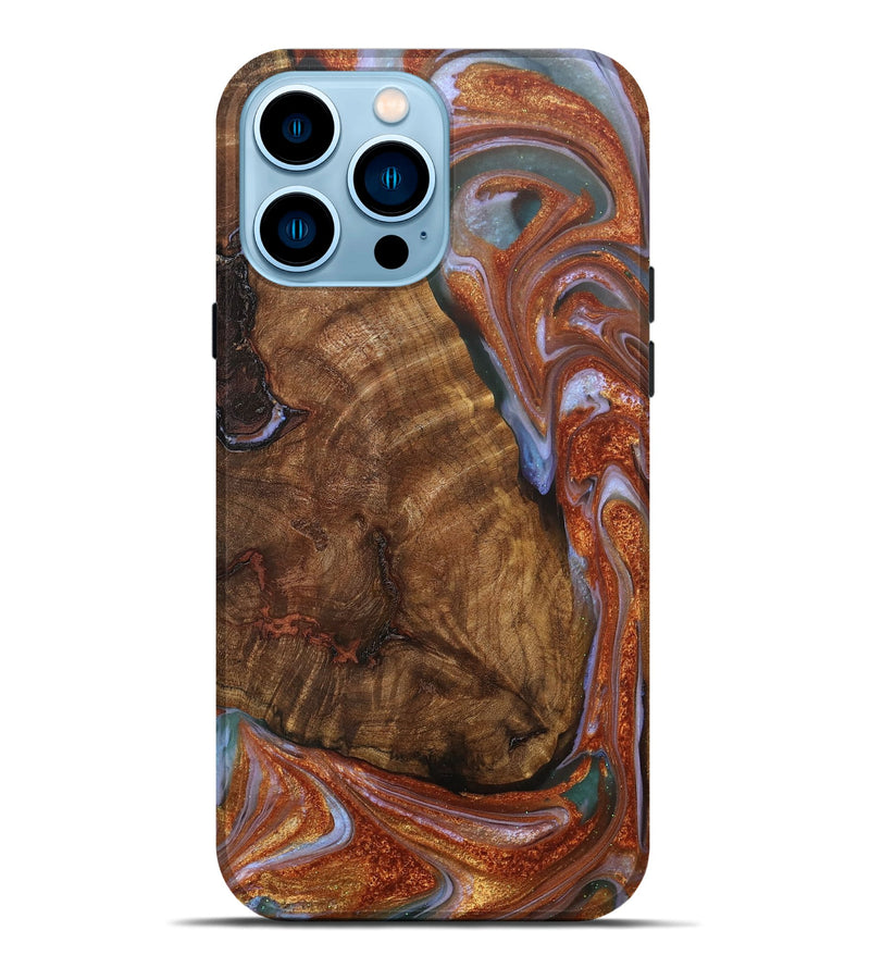 iPhone 14 Pro Max Wood+Resin Live Edge Phone Case - Karissa (Teal & Gold, 706550)