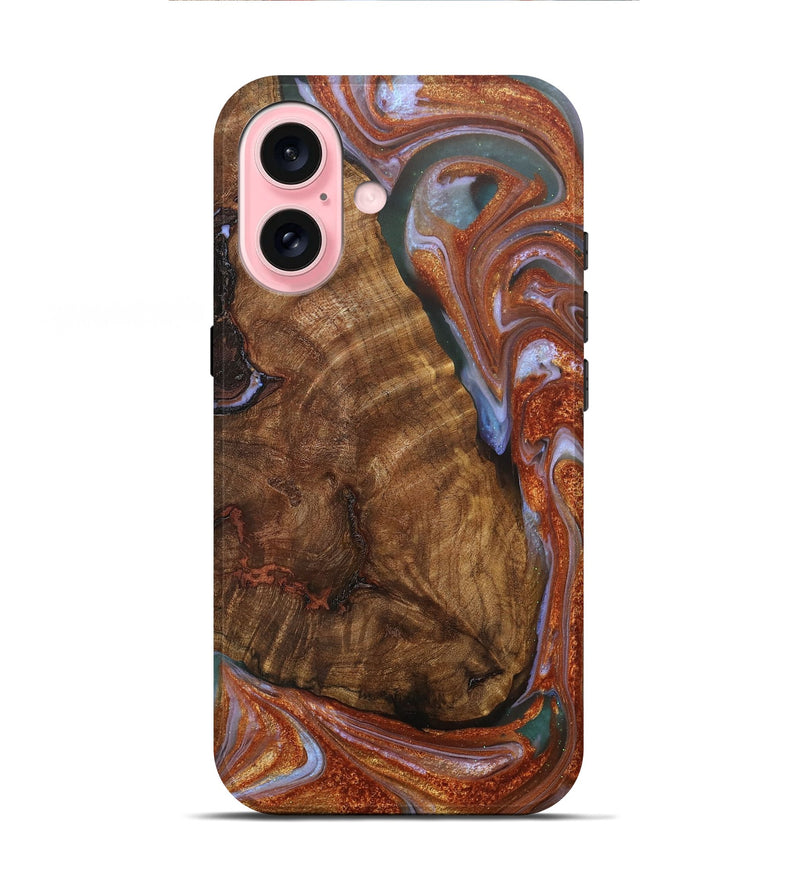 iPhone 16 Wood+Resin Live Edge Phone Case - Karissa (Teal & Gold, 706550)