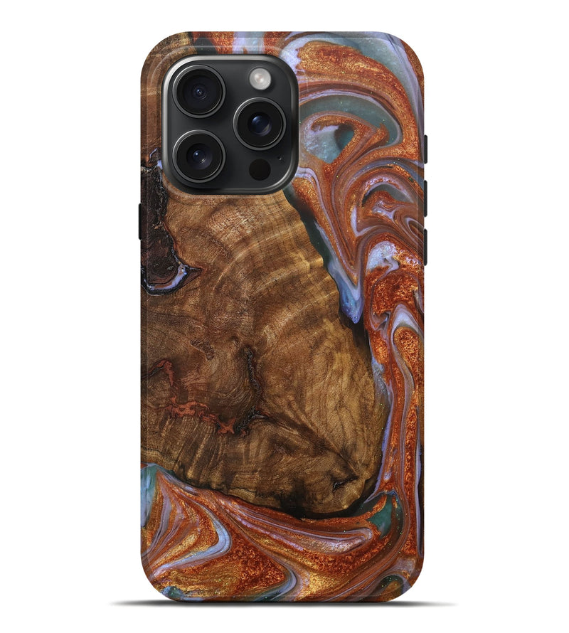 iPhone 16 Pro Max Wood+Resin Live Edge Phone Case - Karissa (Teal & Gold, 706550)