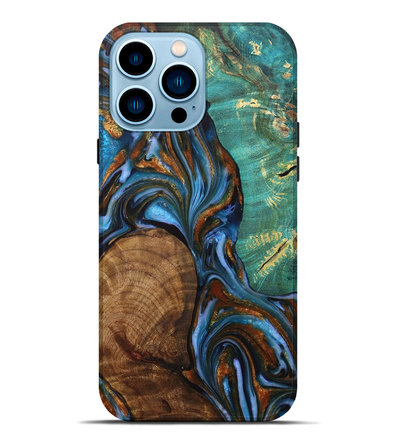 iPhone 14 Pro Max Wood+Resin Live Edge Phone Case - Shaun (Teal & Gold, 707068)