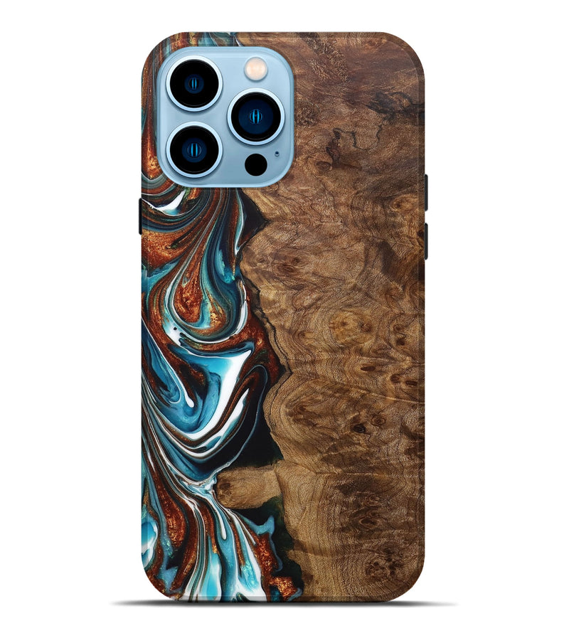 iPhone 14 Pro Max Wood+Resin Live Edge Phone Case - Tabitha (Teal & Gold, 707070)