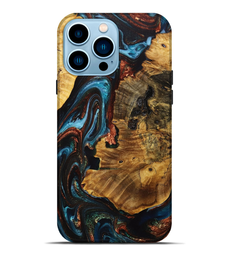 iPhone 14 Pro Max Wood+Resin Live Edge Phone Case - Darren (Teal & Gold, 707783)