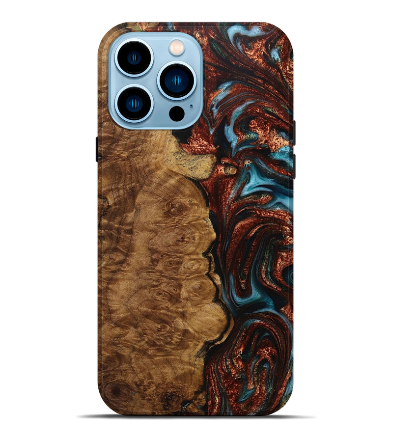 iPhone 14 Pro Max Wood+Resin Live Edge Phone Case - Sandra (Teal & Gold, 707784)