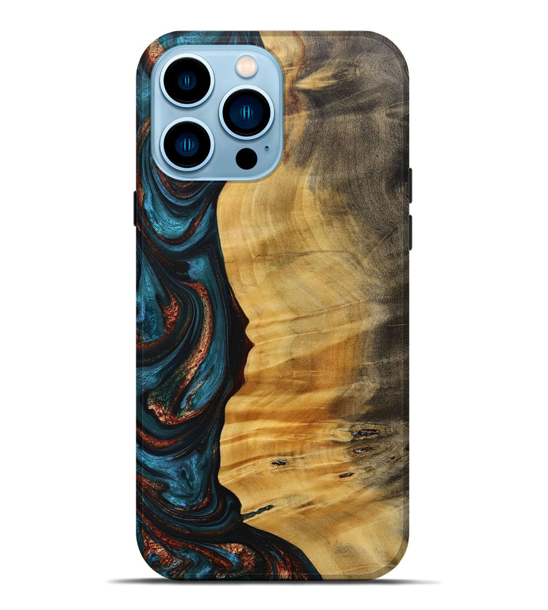 iPhone 14 Pro Max Wood+Resin Live Edge Phone Case - Jackie (Teal & Gold, 707786)