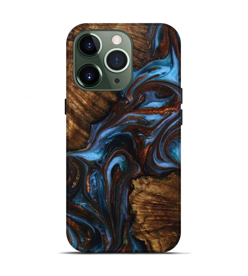 iPhone 13 Pro Wood+Resin Live Edge Phone Case - Fernanda (Teal & Gold, 707788)