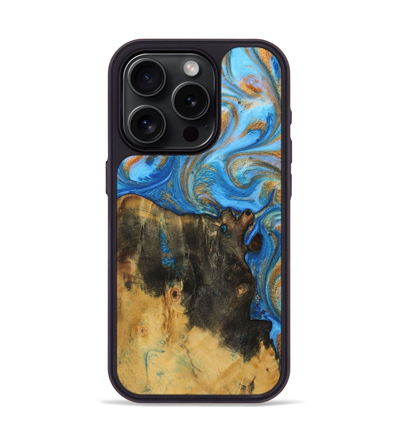 iPhone 15 Pro Wood+Resin Phone Case - Brendon (Teal & Gold, 708395)