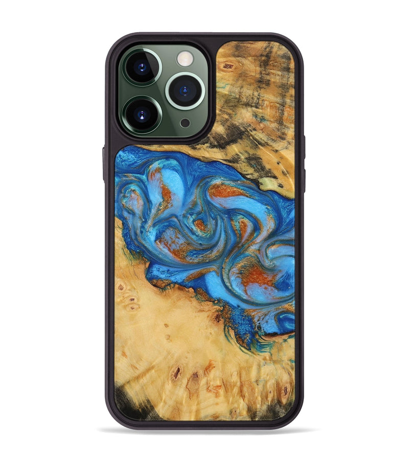 iPhone 13 Pro Max Wood+Resin Phone Case - Margot (Teal & Gold, 708399)