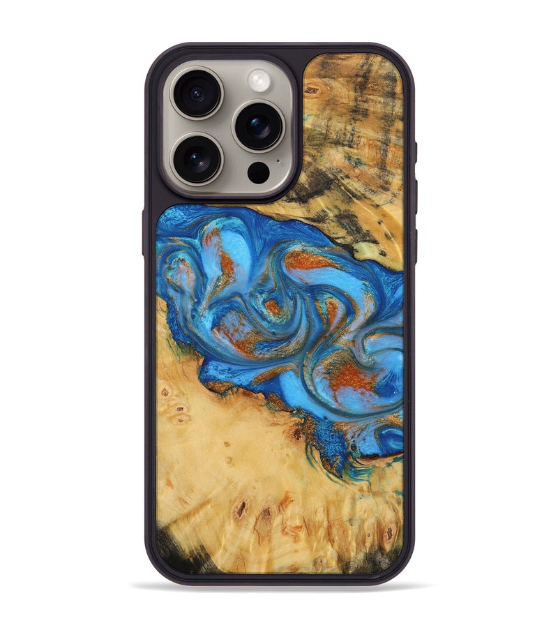 iPhone 15 Pro Max Wood+Resin Phone Case - Margot (Teal & Gold, 708399)