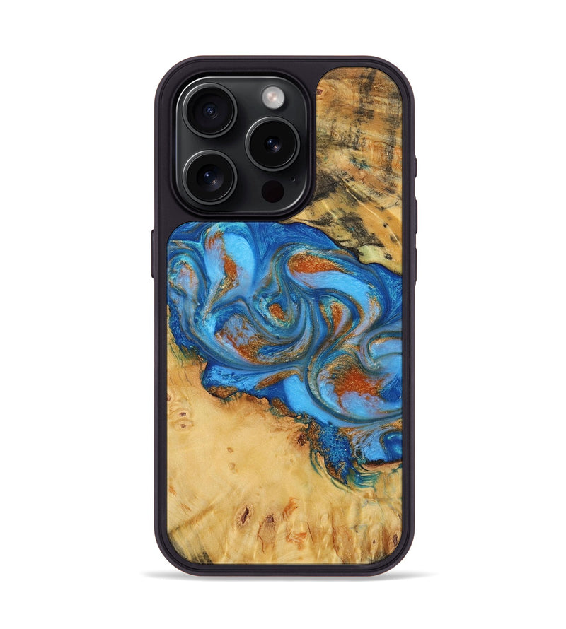 iPhone 15 Pro Wood+Resin Phone Case - Margot (Teal & Gold, 708399)
