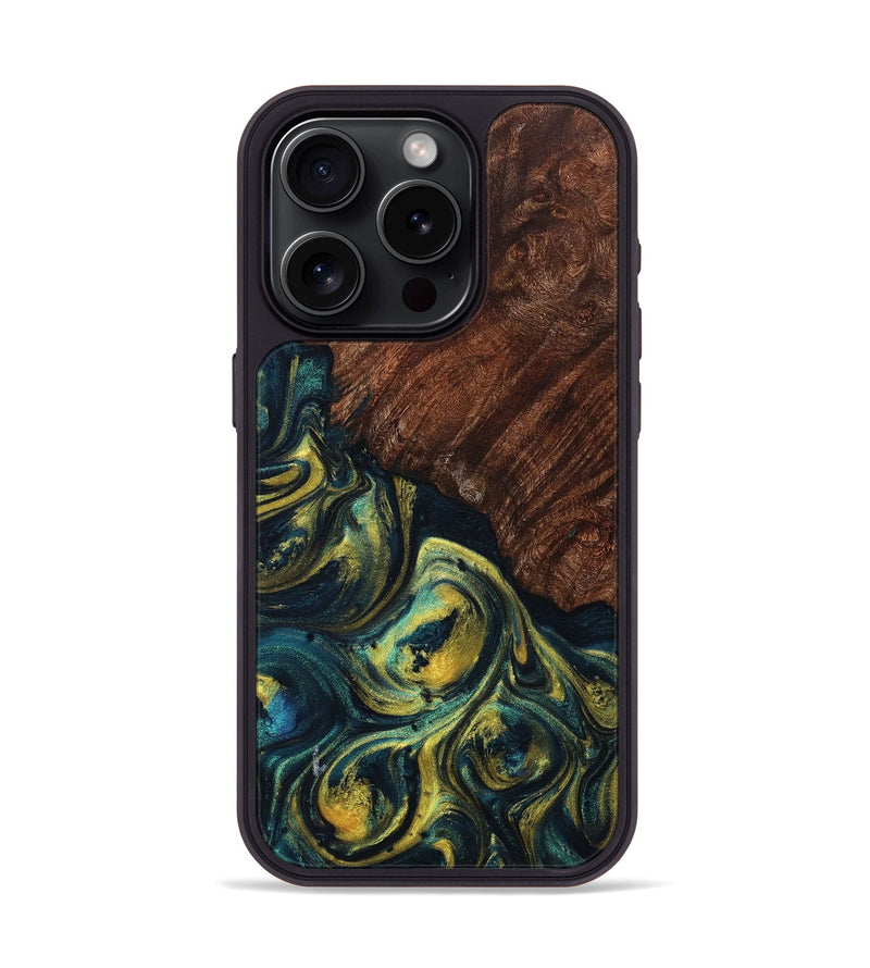 iPhone 15 Pro Wood+Resin Phone Case - Makenzie (Teal & Gold, 708404)