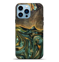 iPhone 14 Pro Max Wood+Resin Live Edge Phone Case - Elisa (Teal & Gold, 708433)