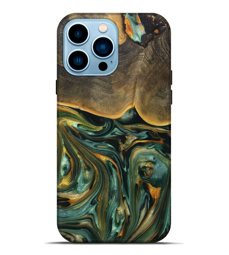 iPhone 14 Pro Max Wood+Resin Live Edge Phone Case - Elisa (Teal & Gold, 708433)