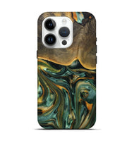 iPhone 15 Pro Wood+Resin Live Edge Phone Case - Elisa (Teal & Gold, 708433)