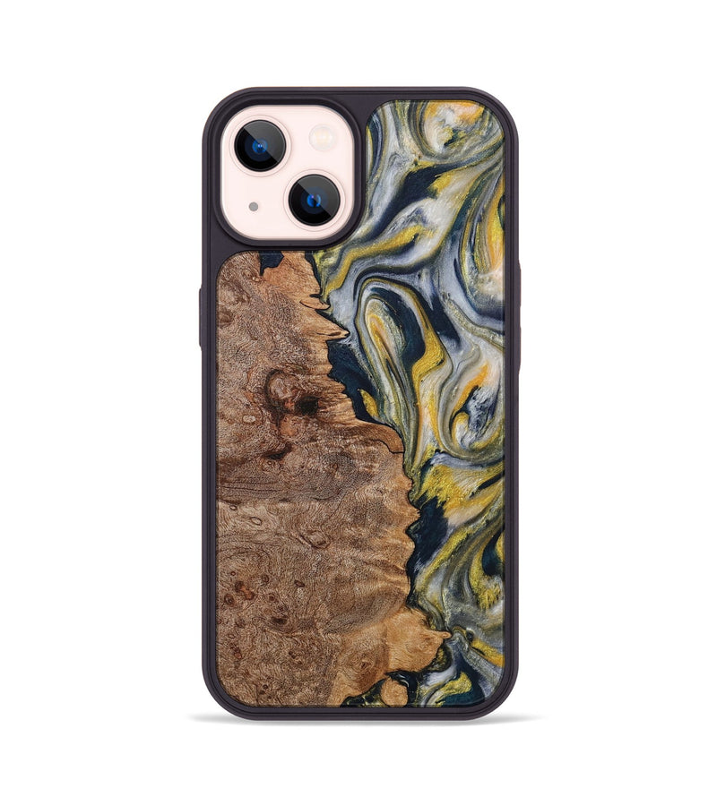 iPhone 14 Wood+Resin Phone Case - Wendi (Teal & Gold, 708794)