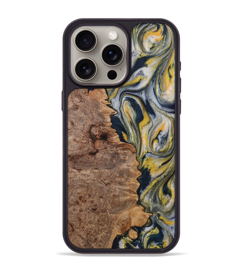 iPhone 15 Pro Max Wood+Resin Phone Case - Wendi (Teal & Gold, 708794)