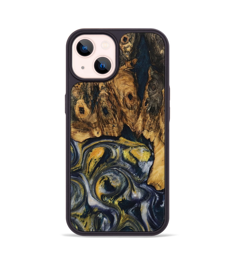 iPhone 14 Wood+Resin Phone Case - Irma (Teal & Gold, 708796)