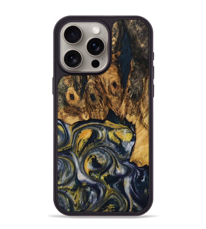 iPhone 15 Pro Max Wood+Resin Phone Case - Irma (Teal & Gold, 708796)