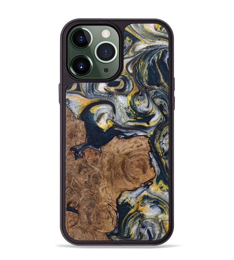 iPhone 13 Pro Max Wood+Resin Phone Case - Cindy (Teal & Gold, 708809)