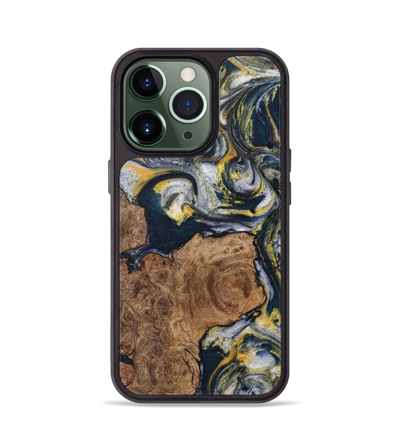 iPhone 13 Pro Wood+Resin Phone Case - Cindy (Teal & Gold, 708809)