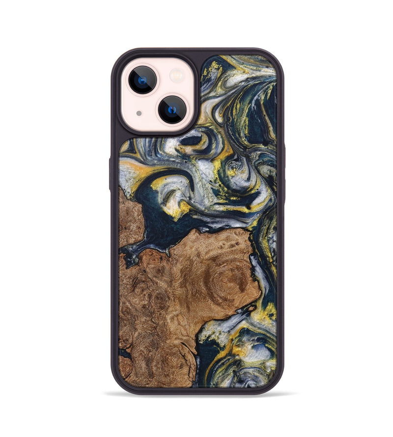 iPhone 14 Wood+Resin Phone Case - Cindy (Teal & Gold, 708809)