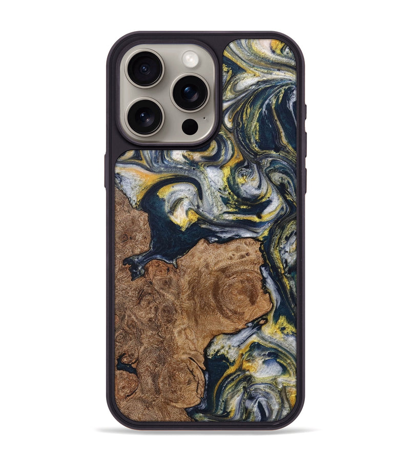 iPhone 15 Pro Max Wood+Resin Phone Case - Cindy (Teal & Gold, 708809)