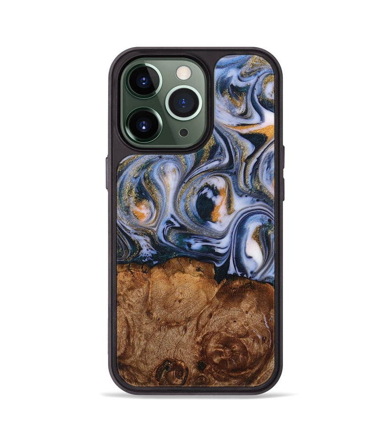 iPhone 13 Pro Wood+Resin Phone Case - Kaylee (Teal & Gold, 710079)