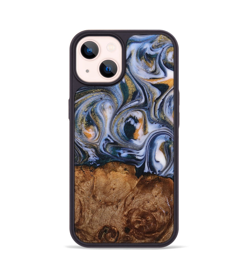 iPhone 14 Wood+Resin Phone Case - Kaylee (Teal & Gold, 710079)