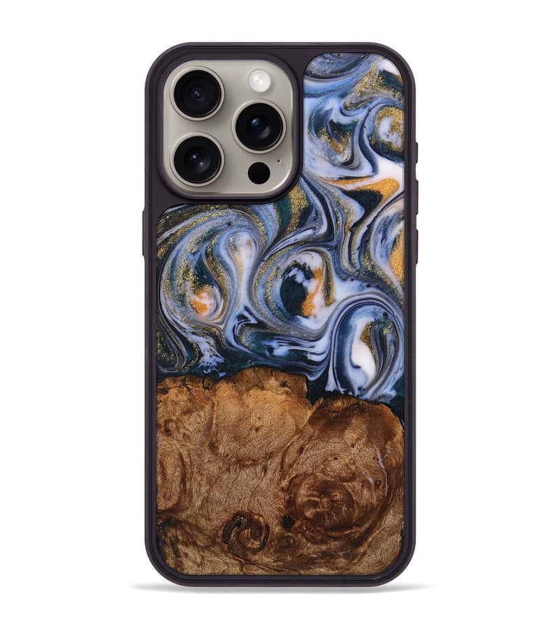 iPhone 15 Pro Max Wood+Resin Phone Case - Kaylee (Teal & Gold, 710079)