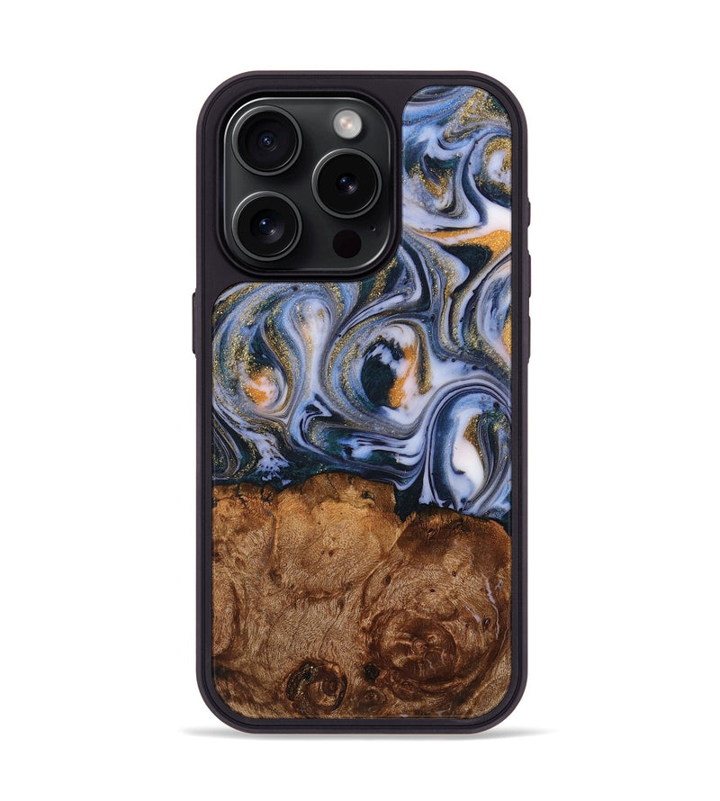 iPhone 15 Pro Wood+Resin Phone Case - Kaylee (Teal & Gold, 710079)