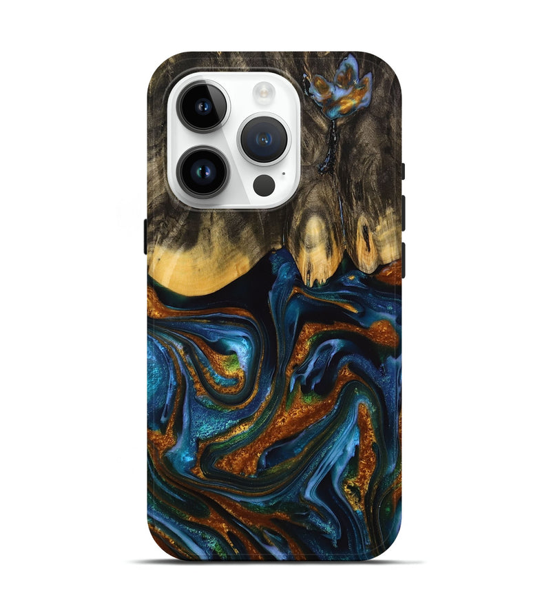 iPhone 15 Pro Wood+Resin Live Edge Phone Case - Jennie (Teal & Gold, 710445)