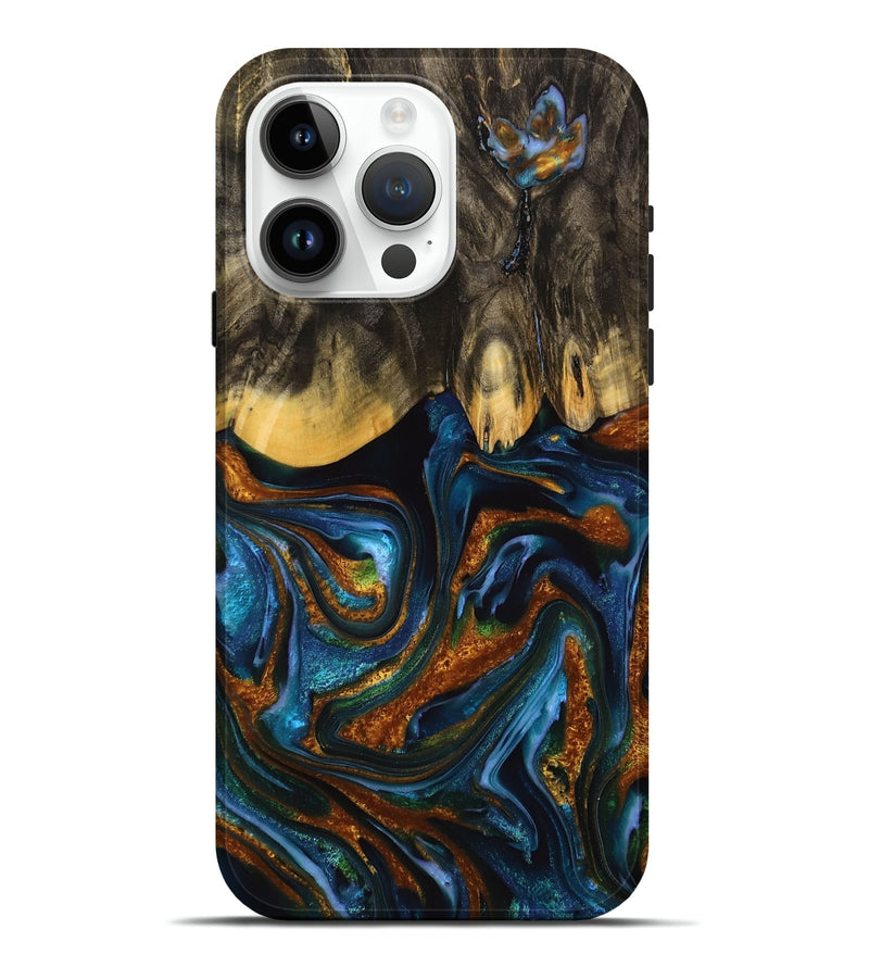 iPhone 15 Pro Max Wood+Resin Live Edge Phone Case - Jennie (Teal & Gold, 710445)