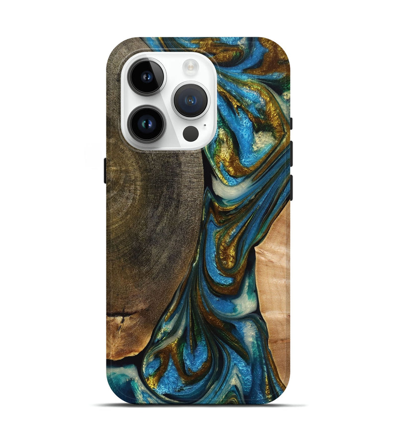 iPhone 15 Pro Wood+Resin Live Edge Phone Case - Oakley (Teal & Gold, 710446)