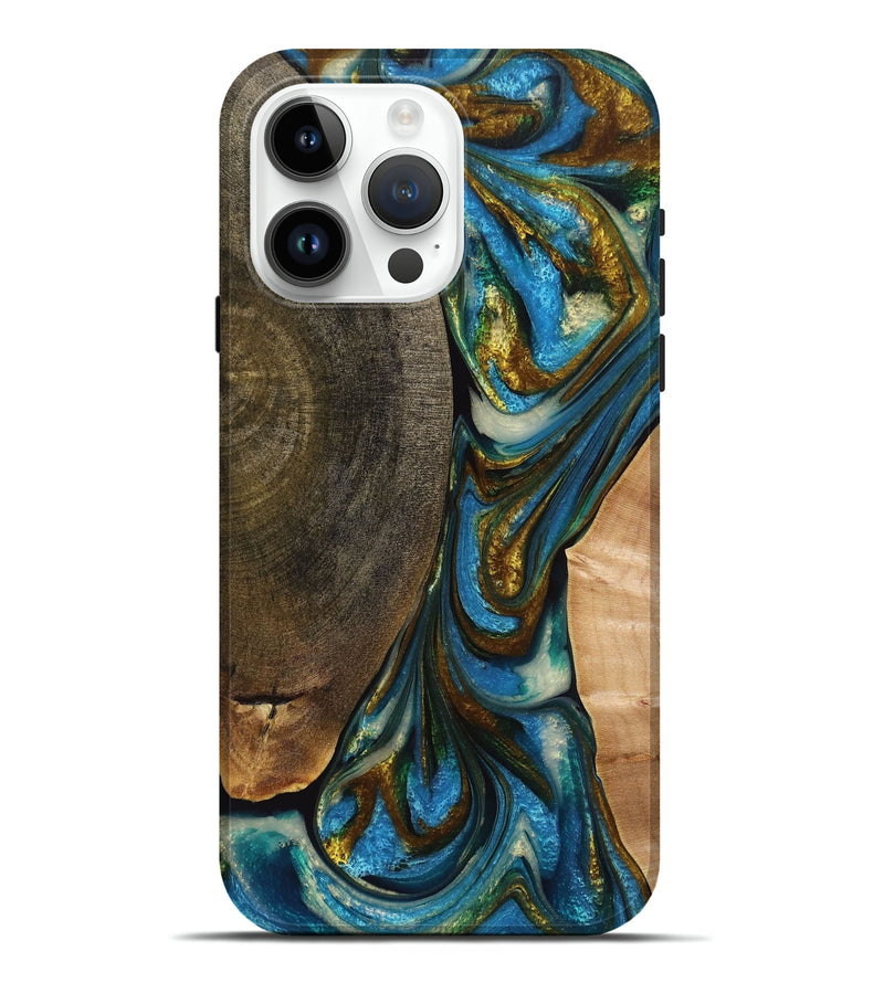 iPhone 15 Pro Max Wood+Resin Live Edge Phone Case - Oakley (Teal & Gold, 710446)