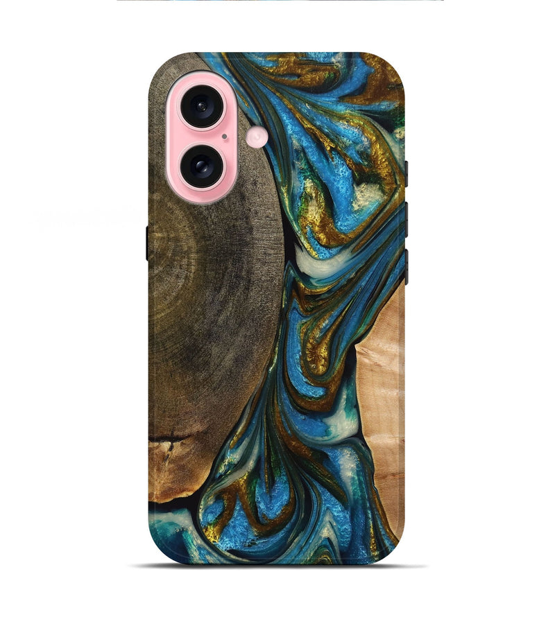 iPhone 16 Wood+Resin Live Edge Phone Case - Oakley (Teal & Gold, 710446)