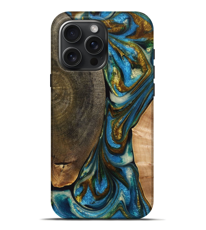 iPhone 16 Pro Max Wood+Resin Live Edge Phone Case - Oakley (Teal & Gold, 710446)