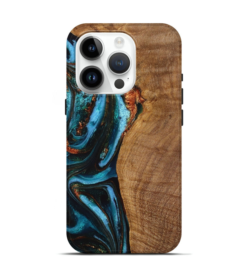 iPhone 15 Pro Wood+Resin Live Edge Phone Case - Joshua (Teal & Gold, 710448)