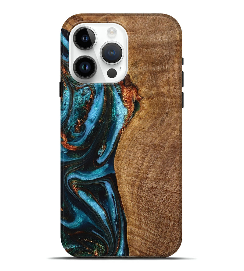 iPhone 15 Pro Max Wood+Resin Live Edge Phone Case - Joshua (Teal & Gold, 710448)