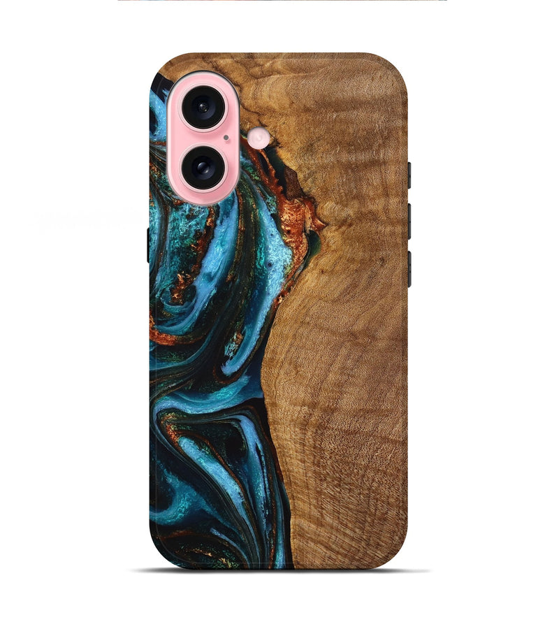 iPhone 16 Wood+Resin Live Edge Phone Case - Joshua (Teal & Gold, 710448)