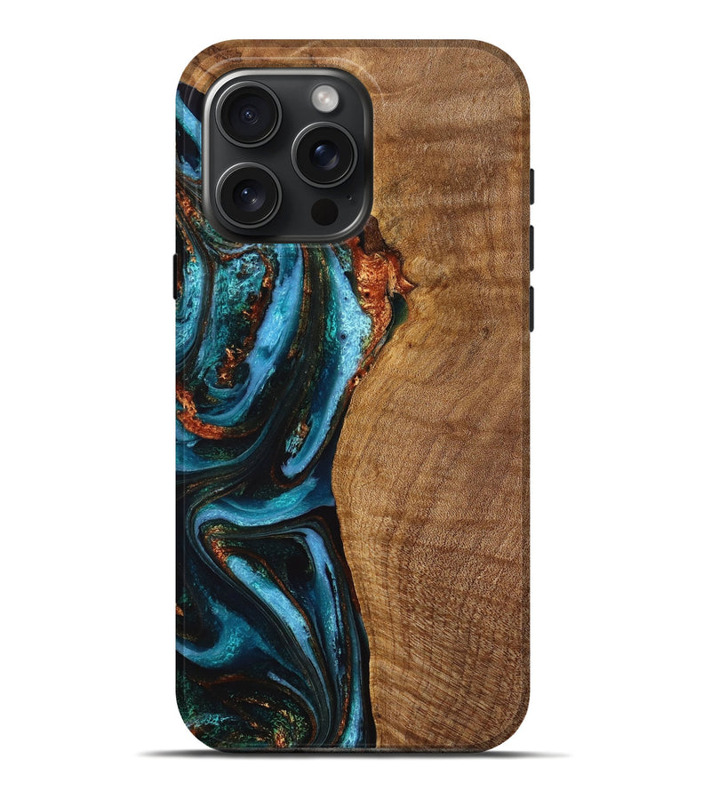 iPhone 16 Pro Max Wood+Resin Live Edge Phone Case - Joshua (Teal & Gold, 710448)