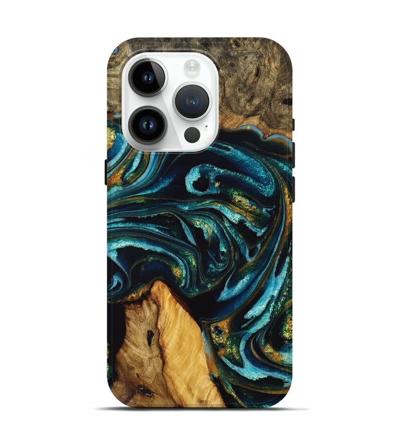 iPhone 15 Pro Wood+Resin Live Edge Phone Case - Dwayne (Teal & Gold, 710449)