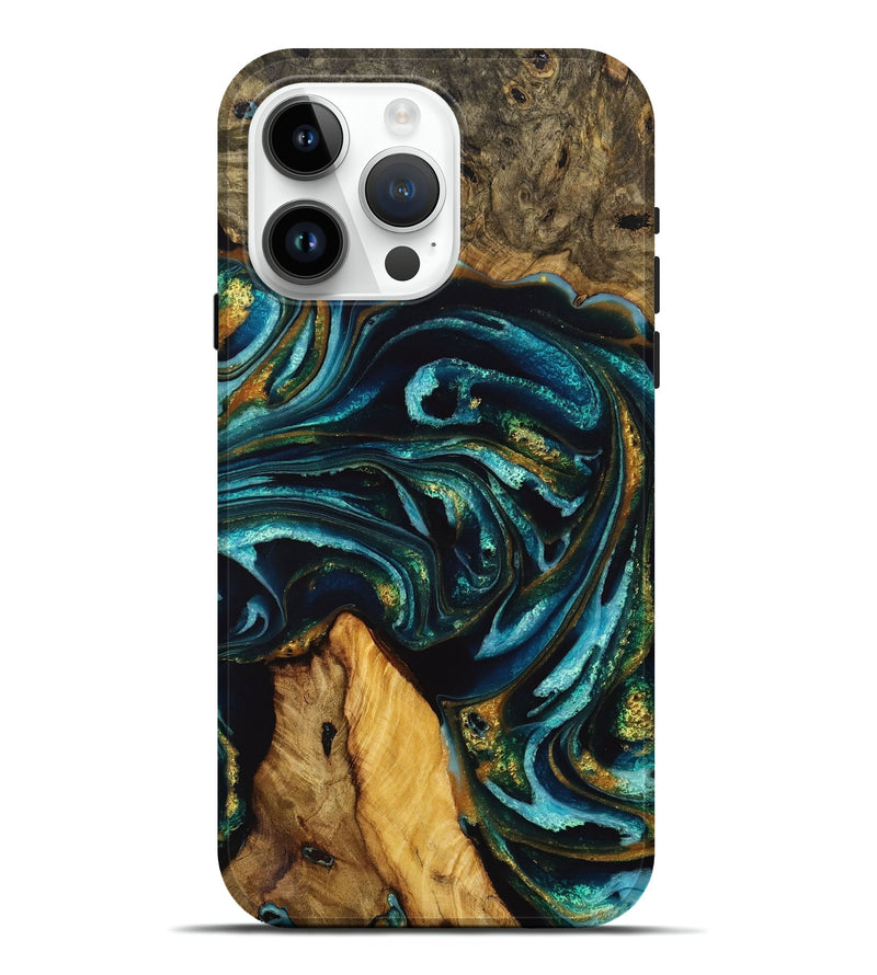 iPhone 15 Pro Max Wood+Resin Live Edge Phone Case - Dwayne (Teal & Gold, 710449)